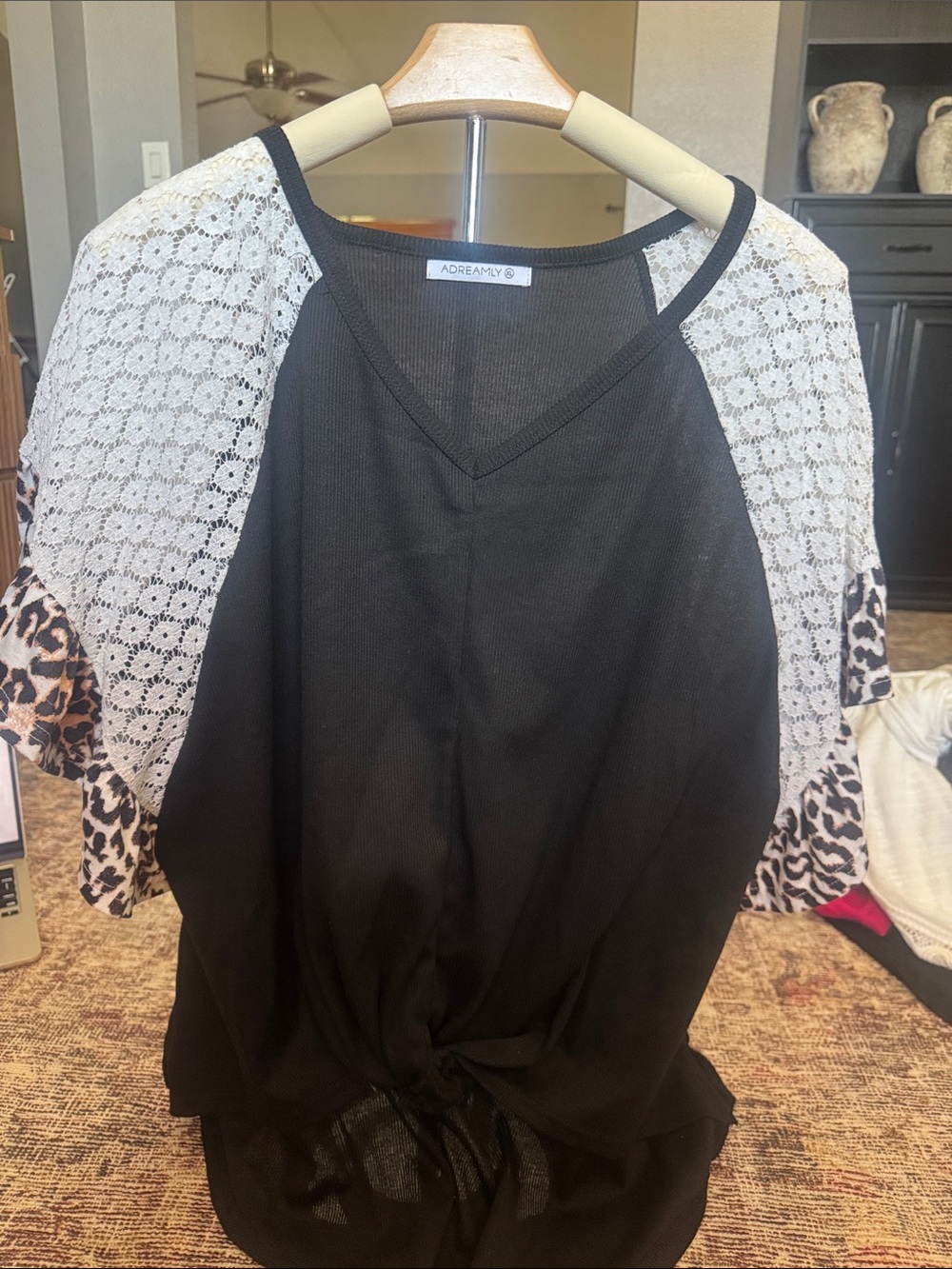 Adreamy Black Lace & Leopard Sleeve V-Neck Blouse